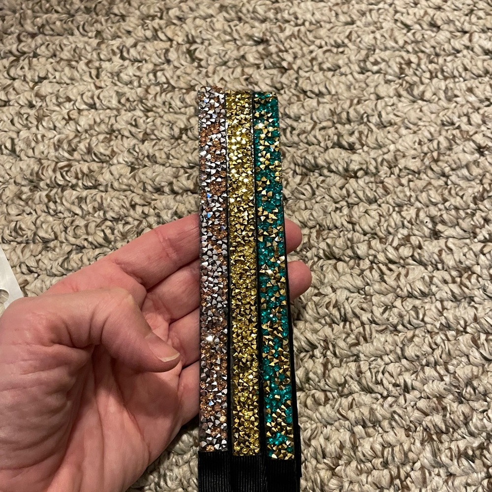 3 Sparkle Glitter Rhinestone Non Slip Headbands Black and Silver / Green / Gold